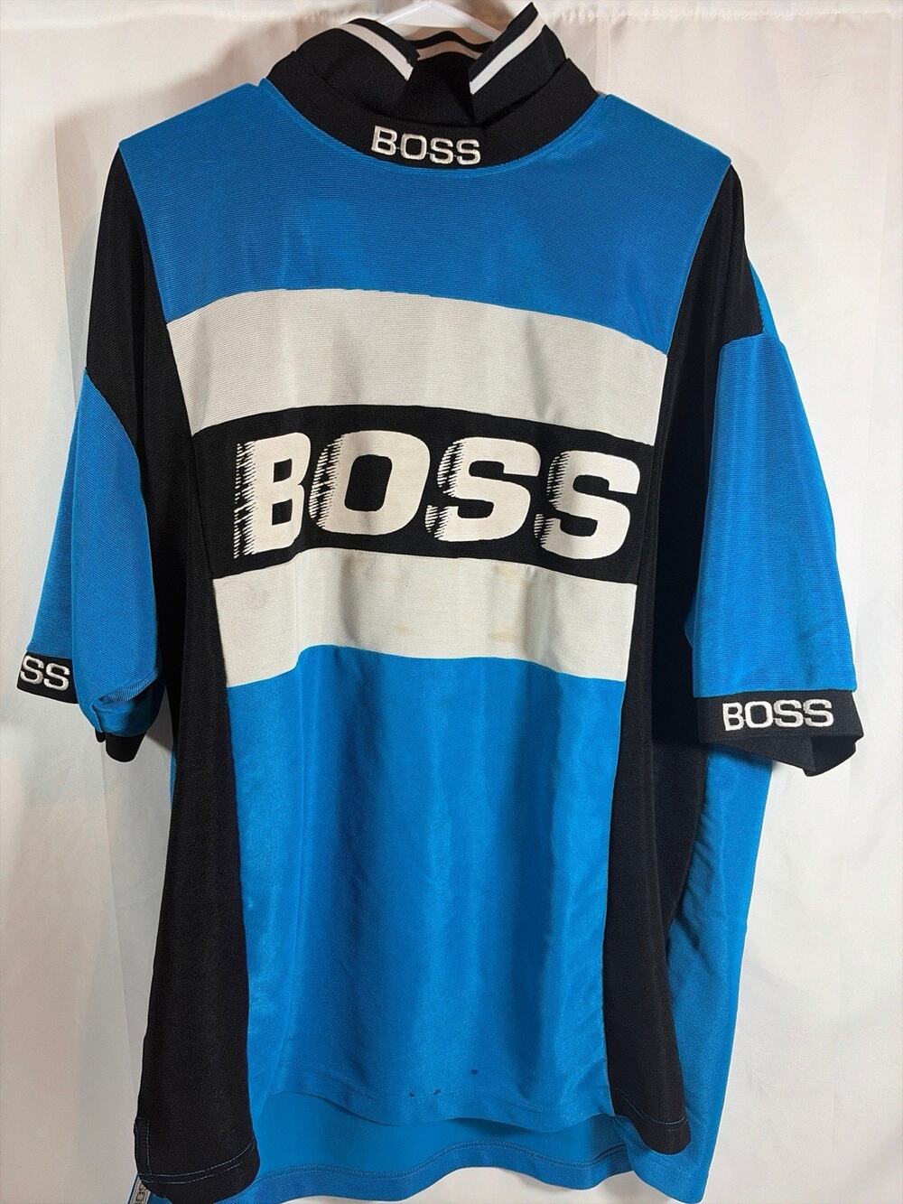 Vintage Boss Shirt Mens XL Blue Black Y2K Mock Neck Colorblock Jersey Distressed